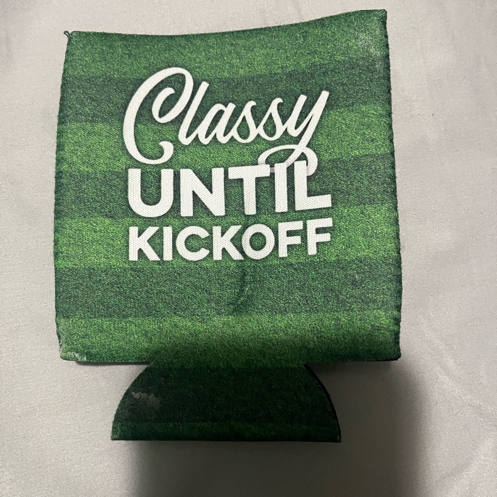 Green Can Cooler with Playful Text